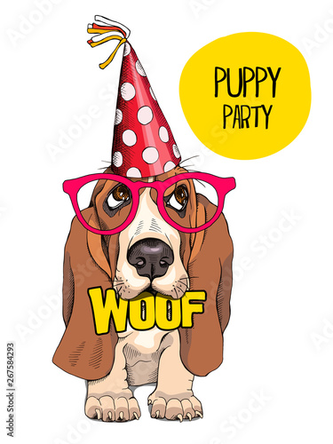 Festive poster. Puppy Basset Hound in a Party hat and in a glasses. Vector illustration.