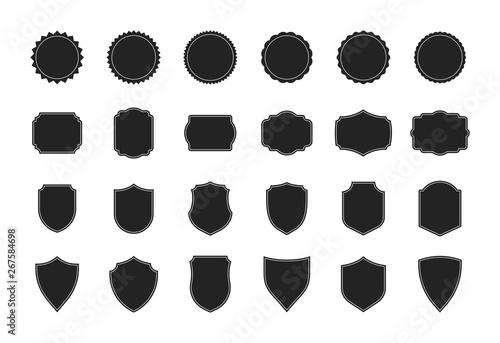 Big shields collection. Black silhouette shield shape, black label. Vintage or retro shields set. Vector illustration.