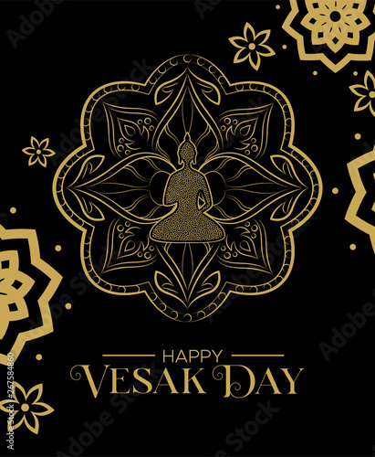 Vesak Day card of gold lotus flower and buddha