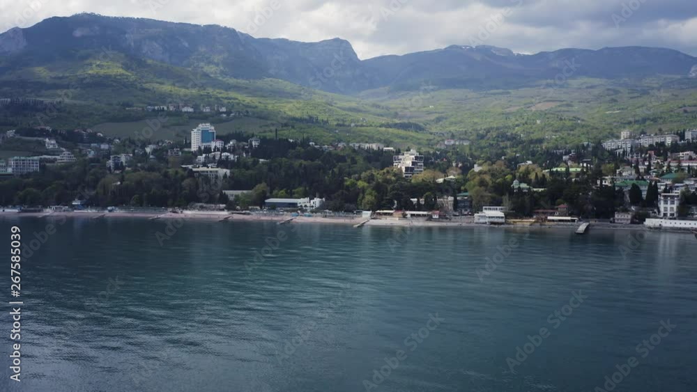 Drone approaching the coastline of the Crimea from the seaside. Drone approaching the coastline of the Crimea from the seaside.