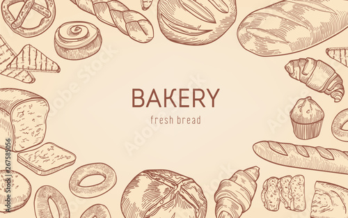 Elegant monochrome background with frame made of breads, sweet baked products, homemade pastry
