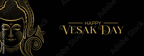 Vesak Day banner of traditional gold buddha face