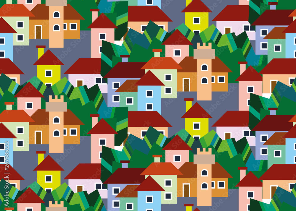 Naklejka premium Town seamless pattern with colour houses and graphic trees