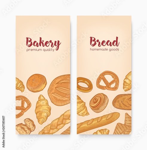Set of vertical banner templates with tasty breads, sweet delicious pastry or homemade baked products. Hand drawn vector illustration in retro style for bakeshop, bakehouse or bakery advertisement.
