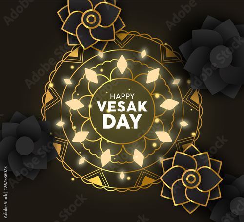 Vesak Day card of gold mandala and paper flowers