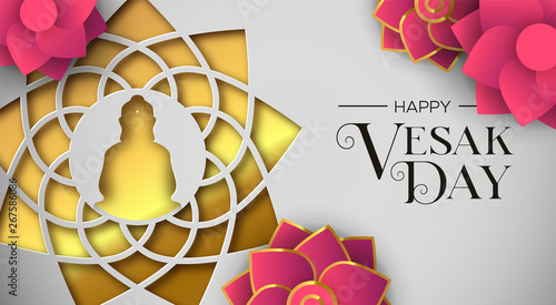 Vesak Day card of papercut buddha and lotus flower