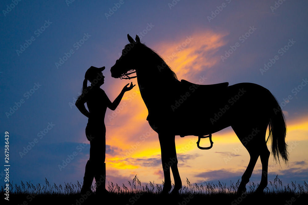 illustration of girl and horse at sunset illustration of girl and horse at sunset