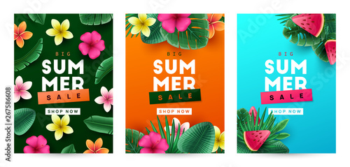 Summer background with tropical flowers and palm leaves. Vector illustration