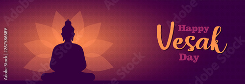 Happy Vesak Day banner of lotus flower and buddha
