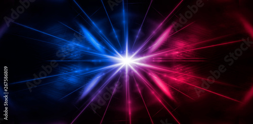 Neon lines on a dark background. Space background  lights space units. Abstract neon background  tunnels  corridors  lenses  glare  laser beams. The virtual reality