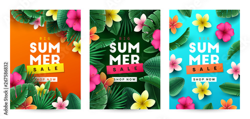 Summer background with tropical flowers and palm leaves. Vector illustration photo