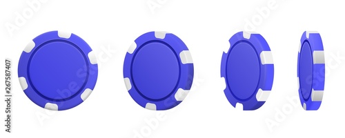 Set of blue poker chips in different position isolated on white background. Vector illustration.