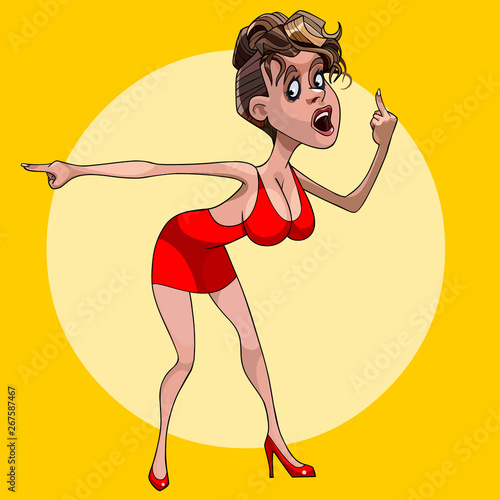 cartoon sassy woman in red dress points her finger on a yellow background