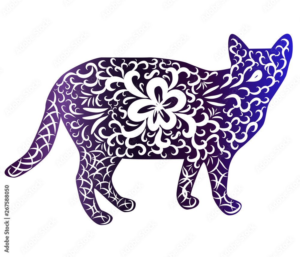 Obraz premium Elegant cat, silhouette, hand-painted in Indian style, print, design