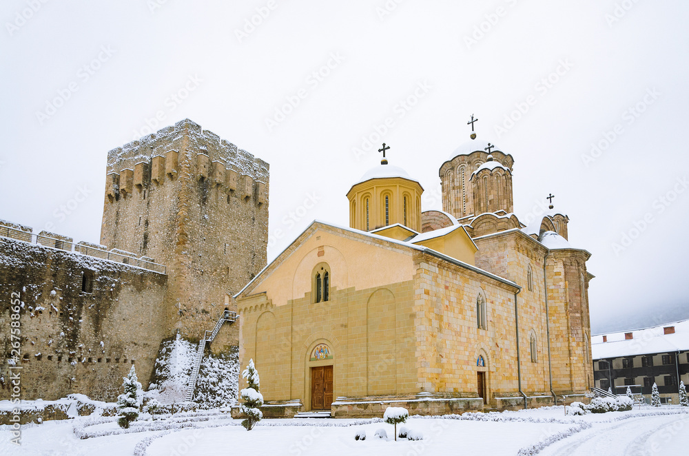 Orthodox Serbian Manasija monastery near Despotovac city in winter, Serbia