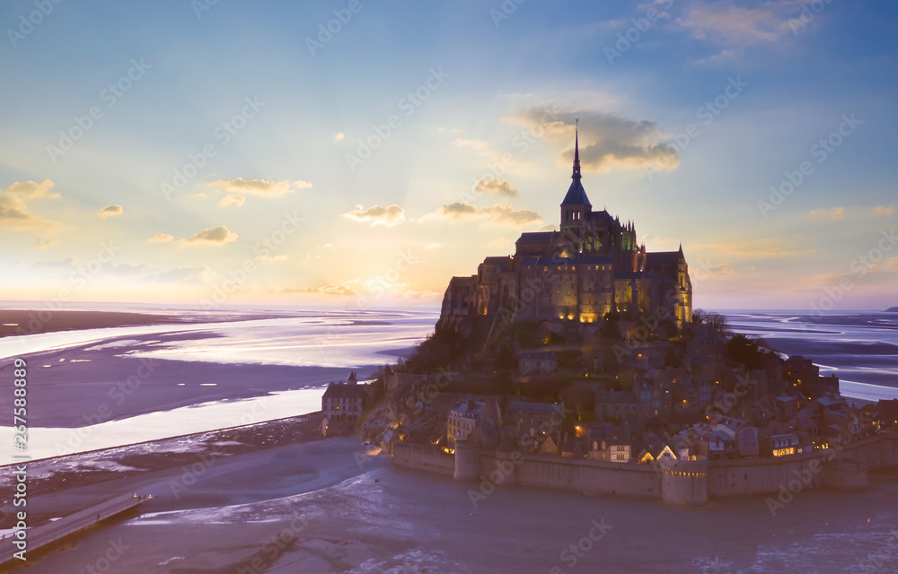 Top view with sunset sky scene at Mont-Saint-Michel, Normandy, France