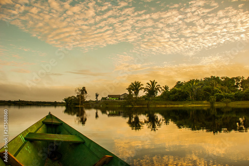 Beautiful sunrise on the river. View from the boat at Amazon river, with a dense forest on the shore and blue sky, Anazonas, Brazil