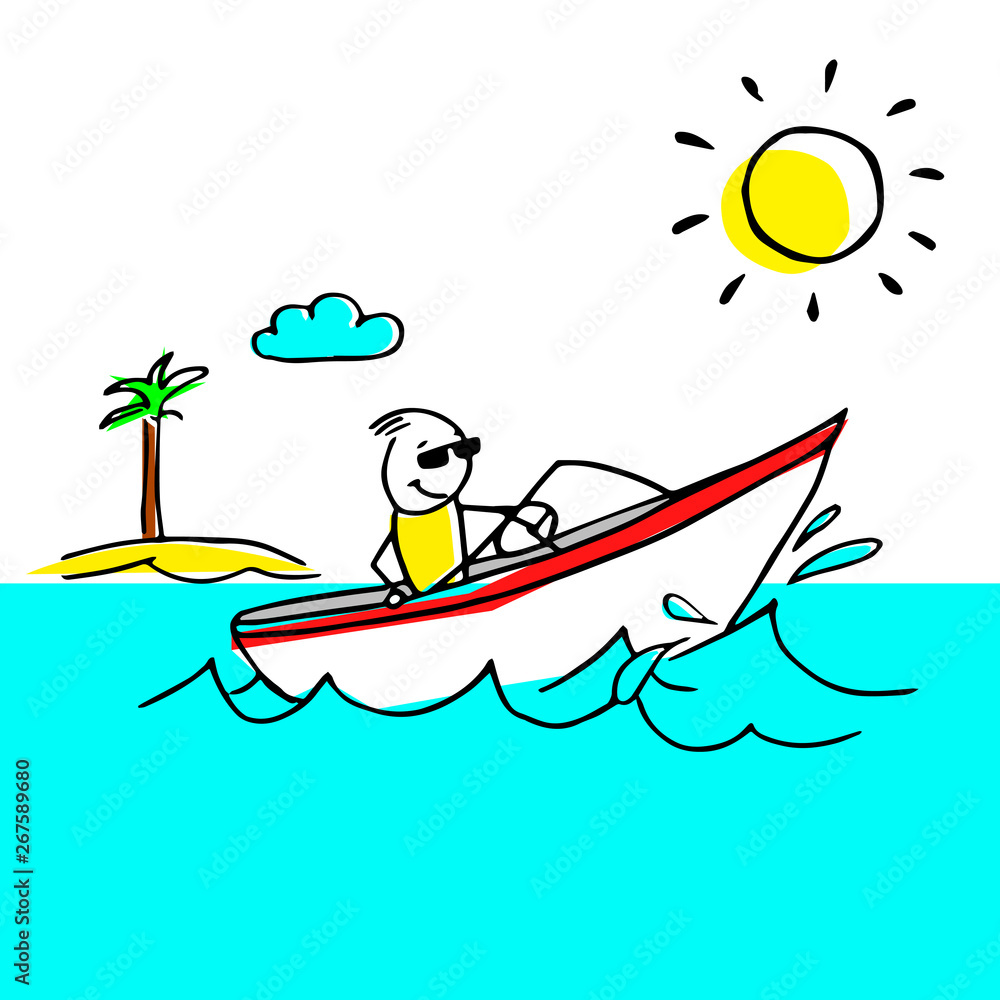 Cool vacation illustration with a man having rest on a boat.