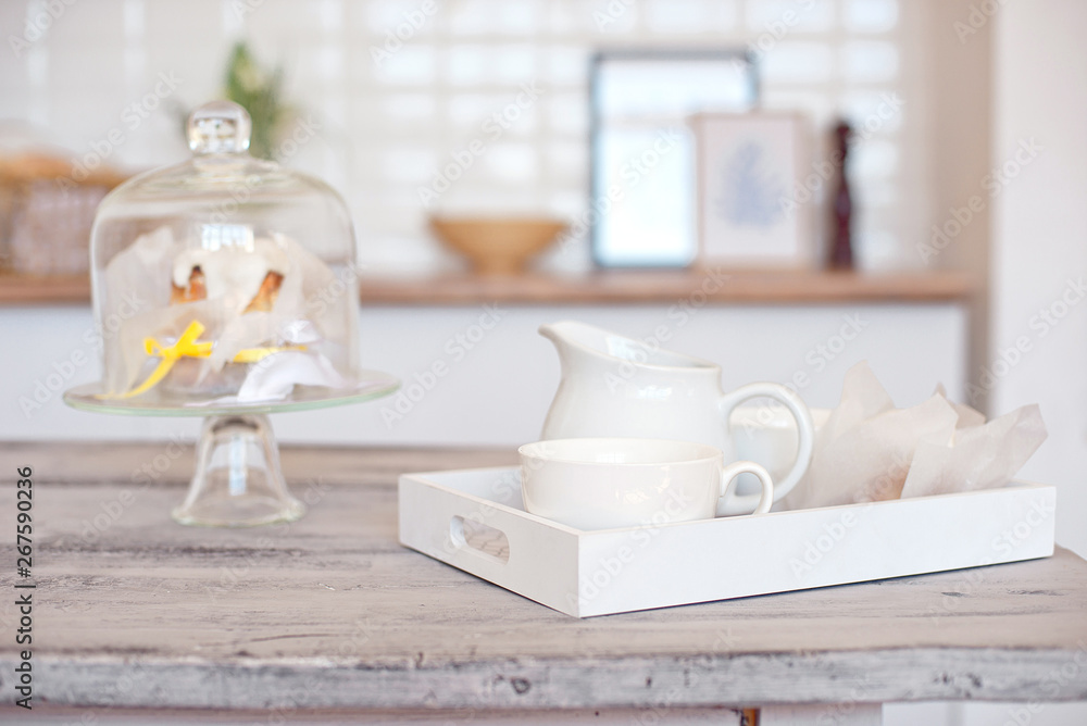Breakfast in bed in a beautiful room and a wooden table for an advertising product or text Breakfast in bed in a beautiful room and a wooden table for an advertising product or text