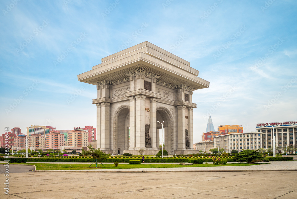 Pyongyang, North Korea - April 29, 2019: Arch of Triumph, a triumphal arch built to commemorate the korean resistance to japan from 1925 to 1945. Pyongyang, North Korea - April 29, 2019: Arch of Triumph, a triumphal arch built to commemorate the korean resistance to japan from 1925 to 1945.
