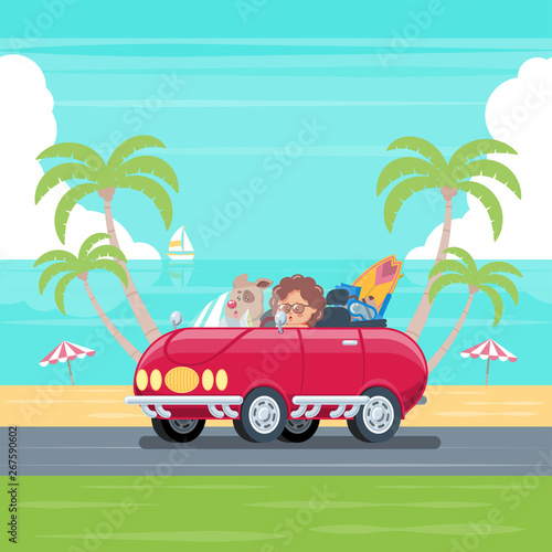Boy and dog driving convertible car with surfboard and luggage cruising on a road along the beach with blue sky, sea, cloud, coconut trees, umbrellas, and sailboat in flat cartoon style