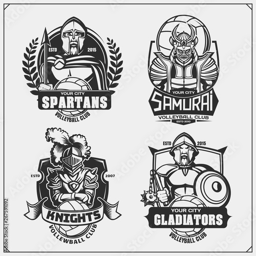 Volleyball logos and labels. Sport club emblems with ancient warriors. Print design for t-shirt.