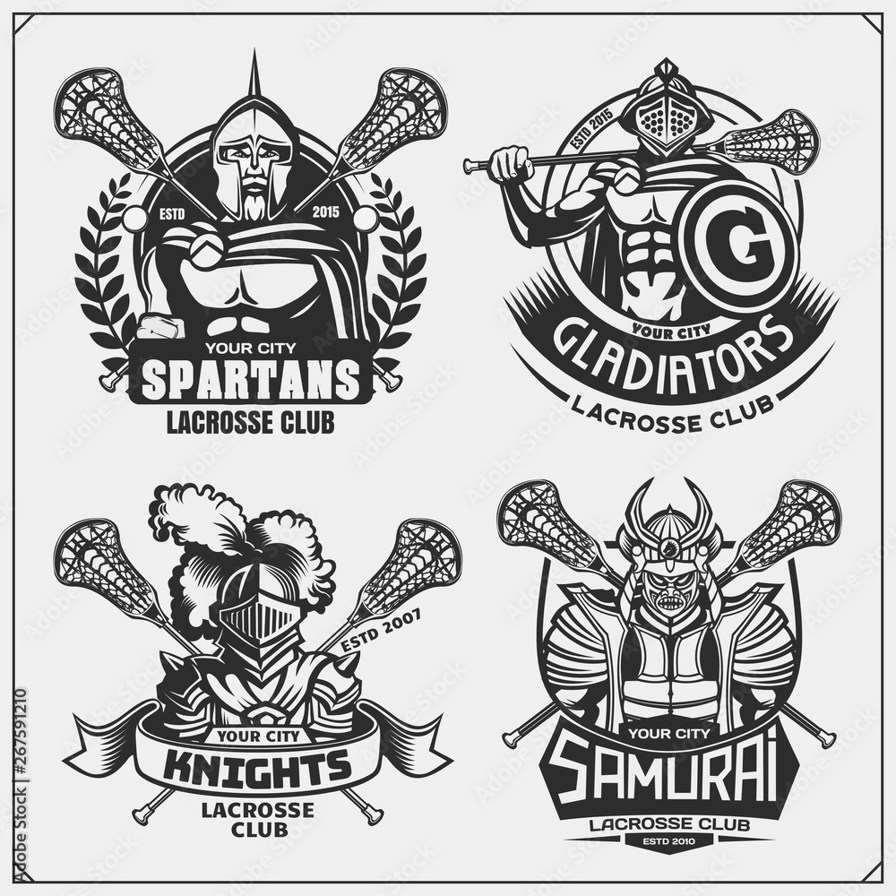 Lacrosse club emblems with ancient warriors. Print design for t-shirt.