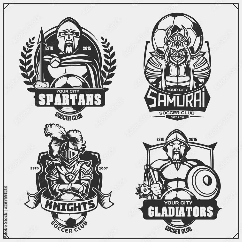 Football badges, labels and design elements. Sport club emblems with ancient warriors. Print design for t-shirt. Football badges, labels and design elements. Sport club emblems with ancient warriors. Print design for t-shirt.