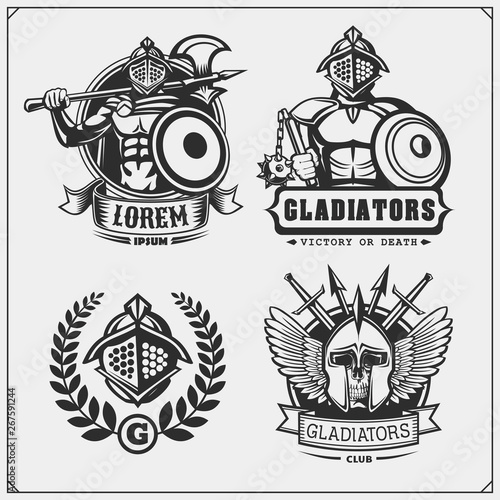 Set of ancient warrior emblems, labels and design elements. Gladiator and spartan weapon and armour. Print design for t-shirt.
