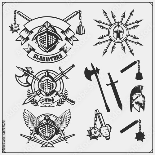 Set of ancient warrior emblems, labels and design elements. Gladiator and spartan weapon and armour. Print design for t-shirt.