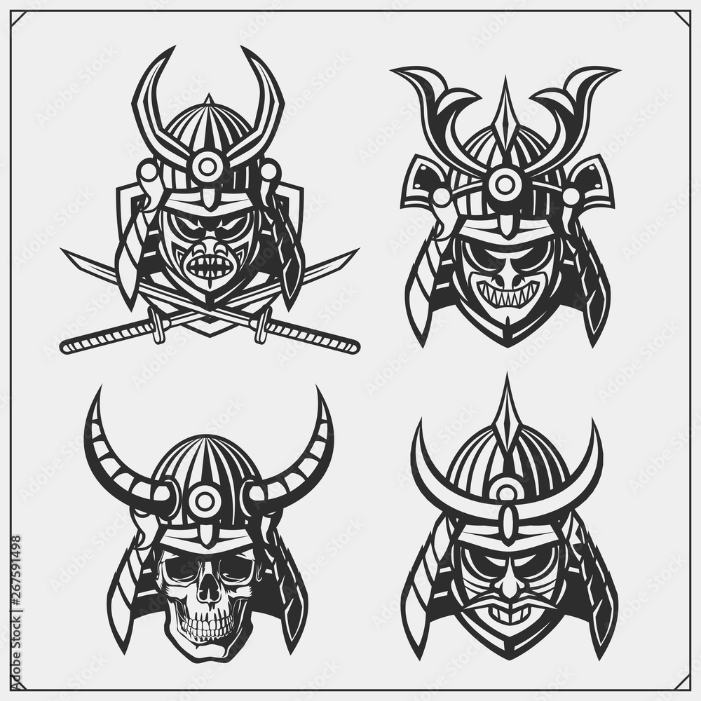 Set of samurai warrior masks. Japanese warrior emblems, labels, badges and  design elements. Print design for t-shirt. Stock Vector | Adobe Stock