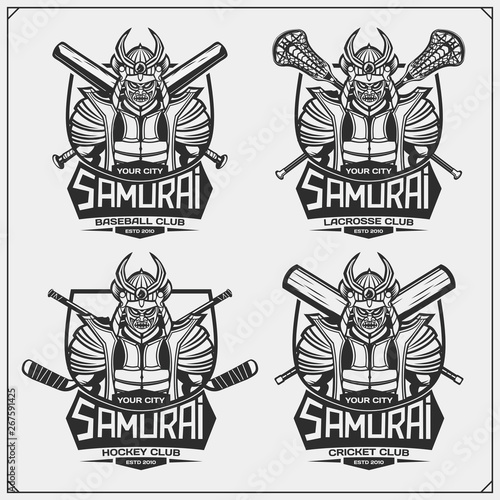 Cricket, baseball, lacrosse and hockey logos and labels. Sport club emblems with samurai. Print design for t-shirt.
