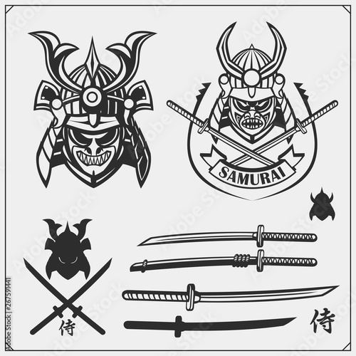 Set of samurai warrior masks, armor and weapon. Japanese warrior emblems and design elements. Print design for t-shirt.