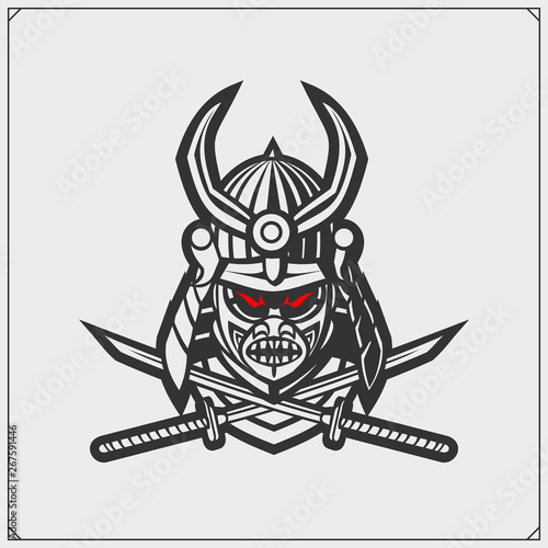 Samurai warrior mask. Japanese warrior emblem. Print design for t-shirt.