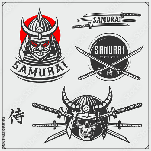Set of samurai warrior masks, armor and weapon. Japanese warrior emblems and design elements. Print design for t-shirt.
