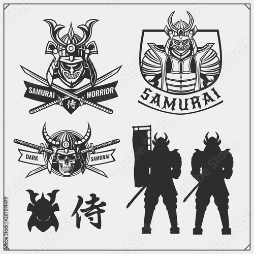 Set of samurai warrior masks, armor and weapon. Japanese warrior emblems and design elements. Print design for t-shirt.