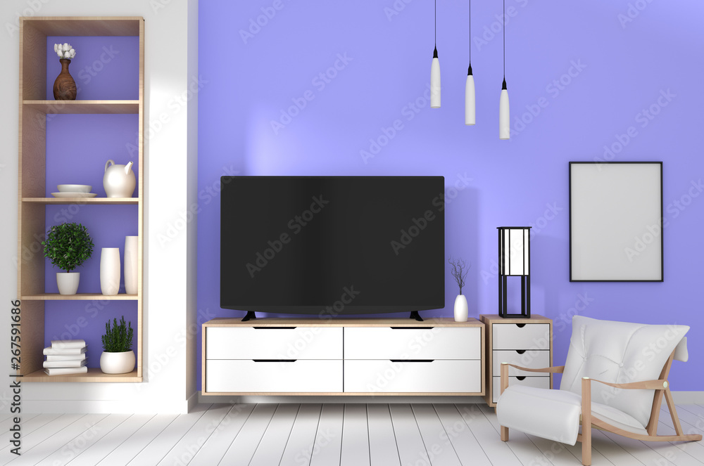 TV in japanese room with decoration on purple color wall background.3d rendering TV in japanese room with decoration on purple color wall background.3d rendering