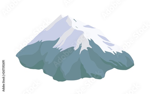 Mountain peak, top or summit covered with snow, ice or glacier isolated on white background