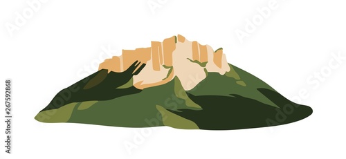 Mountain with rock formation on top of it isolated on white background