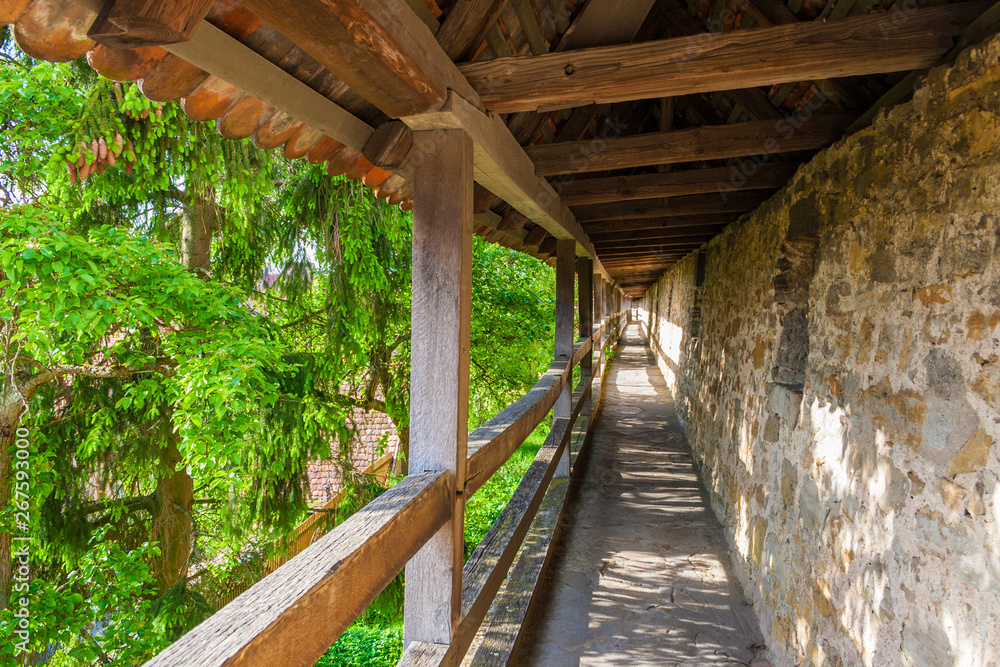 Perfect view of the roofed defensive corridor with wooden railings, shaded by trees. This well preserved medieval town fortification belongs to the famous town Rothenburg ob der Tauber, Germany. Perfect view of the roofed defensive corridor with wooden railings, shaded by trees. This well preserved medieval town fortification belongs to the famous town Rothenburg ob der Tauber, Germany.