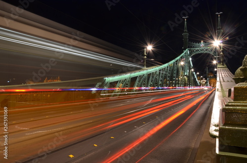 Széchenyi Chain Bridge in Budapest night traffic motion