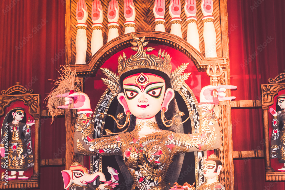 Potrait Of Goddess Durga idol at a South Kolkata famous Durga puja temple (pandal) on 