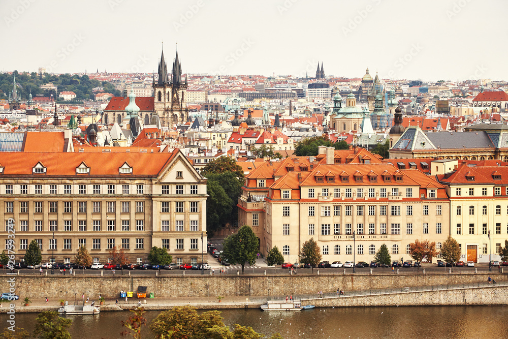 Obraz premium Panoramic city view of Prague. Embankment of the Vltava River. Czech Republic.