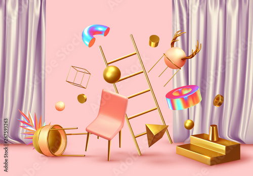 Chaos abstract background with 3d objects.
