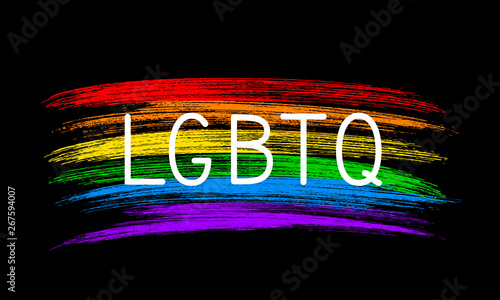 LGBTQ pride lettering on grunge brush strokes texture rainbow flag. LGBT community banner or poster.  Symbol gay pride. International Day Against Homophobia vector illustration.