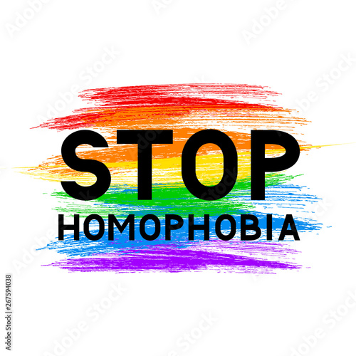 Stop homophobia lettering on LGBT community flag. Symbol of gay pride. Grunge brush strokes texture the colors of the rainbow. International Day Against Homophobia vector illustration.