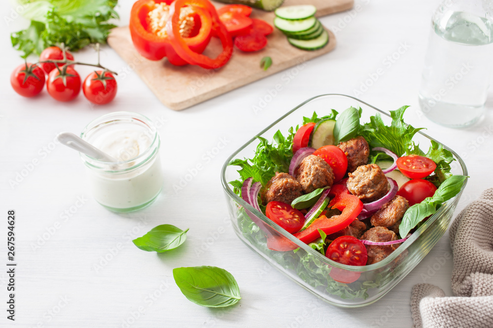 keto paleo lunch box with meatballs, lettuce, tomato, cucumber, bell pepper keto paleo lunch box with meatballs, lettuce, tomato, cucumber, bell pepper