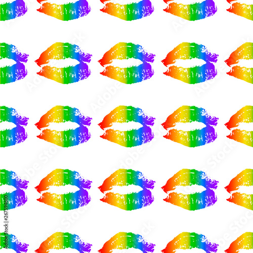 Rainbow lipstick kiss on white seamless pattern. LGBT community background.  Gay pride vector illustration. Imprint of the lips. International Day Against Homophobia poster, sign, greeting card.