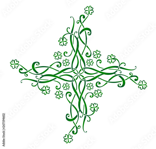 Green vector celtic cross with four-leaf clovers