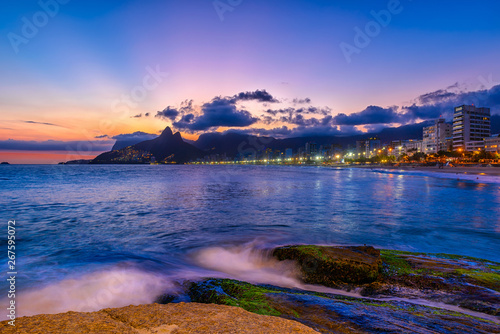 Sunset view of Ipanema beach, Leblon beach and mountain Dois Irmao (Two Brother) in Rio de Janeiro, Brazil